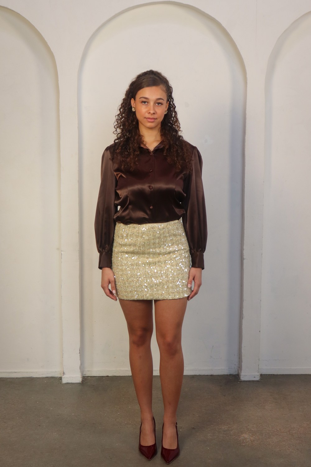 Model wearing the Double Chocolate Blouse